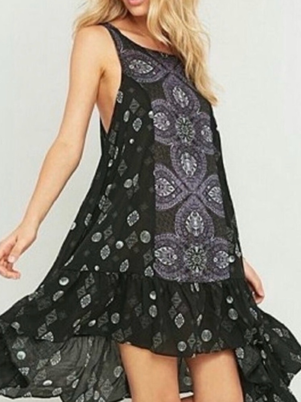 Free People Black and Purple Printed Midi Dress
